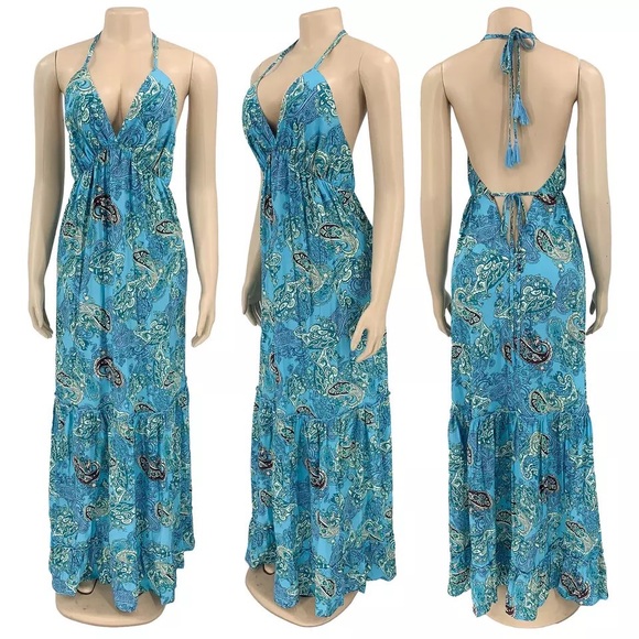 🌸 PAISLEY HALTER DRESS MAXI LONG BOHO CHIC BOHEMIAN SUMMER BLUE FLARE RUFFLE - Picture 2 of 6